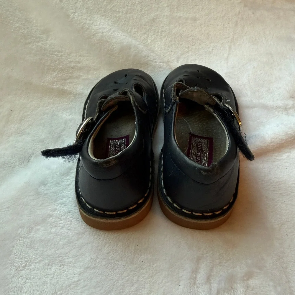 L'Amour Toddler Girls Navy Blue Leather T-Strap Flower Shoes Size 7 Style 721